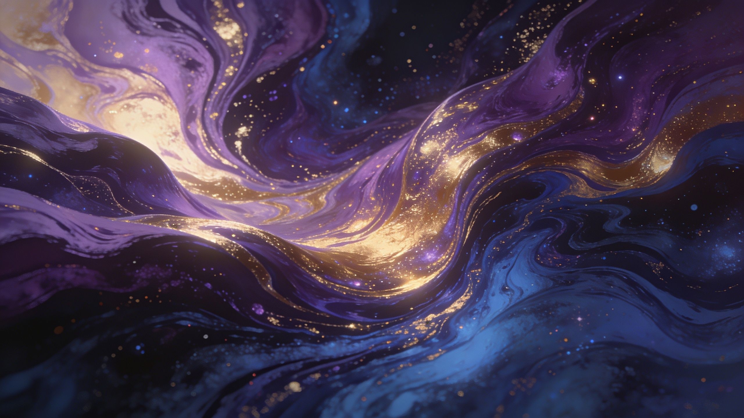 A mesmerizing digital artwork depicting swirling cosmic patterns in vibrant purples, blues, and golds, evoking a mystical and otherworldly galaxy atmosphere. The image captures a sense of fluid motion and ethereal beauty, with shimmering stars scattered throughout.