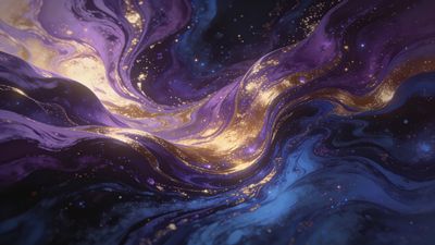 A mesmerizing digital artwork depicting swirling cosmic patterns in vibrant purples, blues, and golds, evoking a mystical and otherworldly galaxy atmosphere. The image captures a sense of fluid motion and ethereal beauty, with shimmering stars scattered throughout.