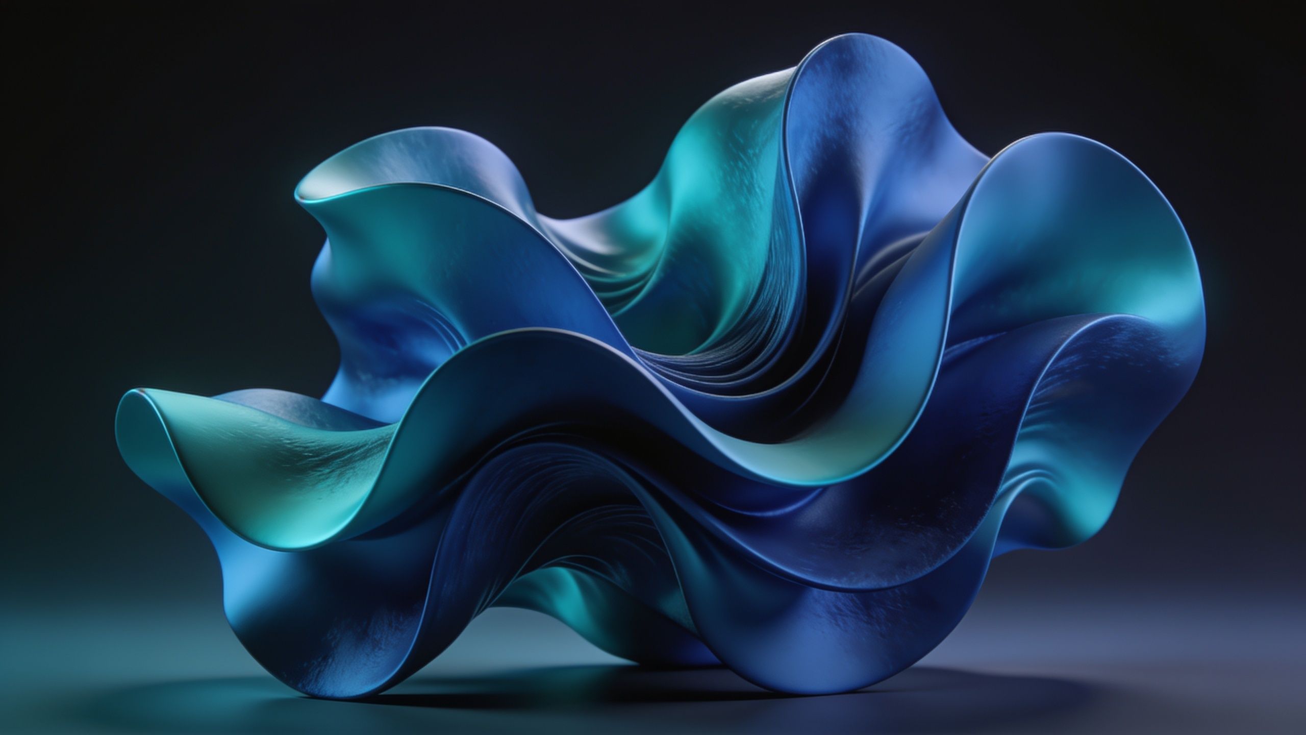 An abstract design featuring elegant, flowing blue waves with smooth, metallic textures, set against a dark background, creating a serene and sophisticated mood.