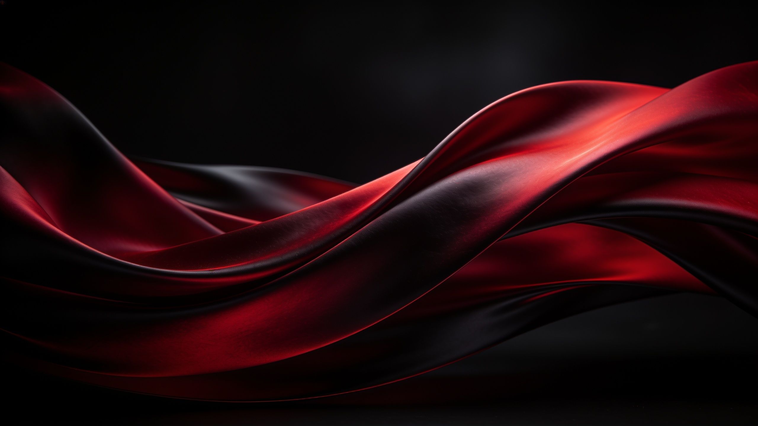 Smooth, flowing waves of red silk gracefully ripple across a deep black background, creating an elegant and luxurious mood with a sense of fluidity and depth.