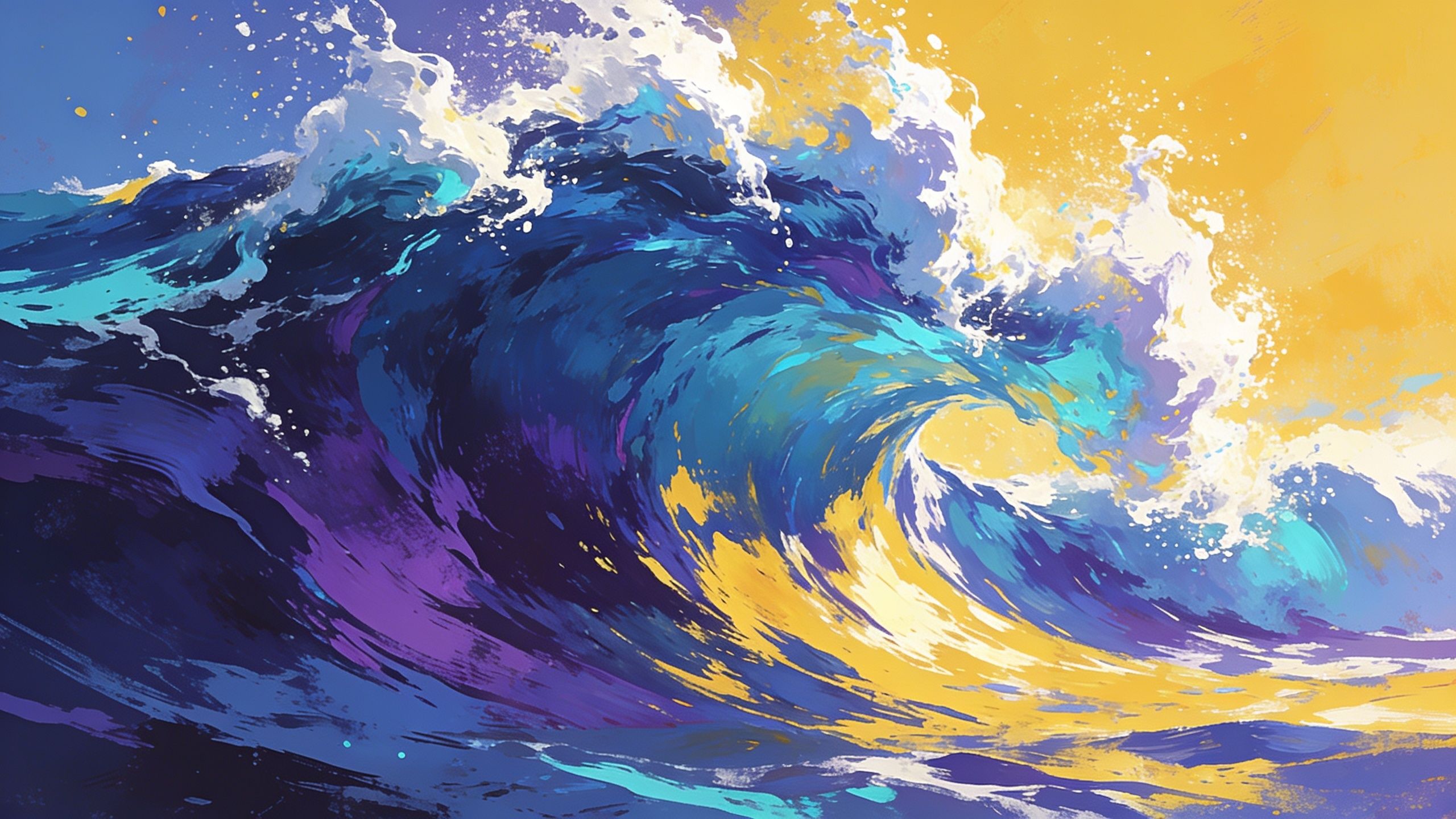 A dynamic and colorful depiction of ocean waves in motion, featuring swirling shades of blue, purple, and yellow, creating a vibrant and energetic mood.