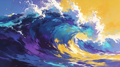 A dynamic and colorful depiction of ocean waves in motion, featuring swirling shades of blue, purple, and yellow, creating a vibrant and energetic mood.