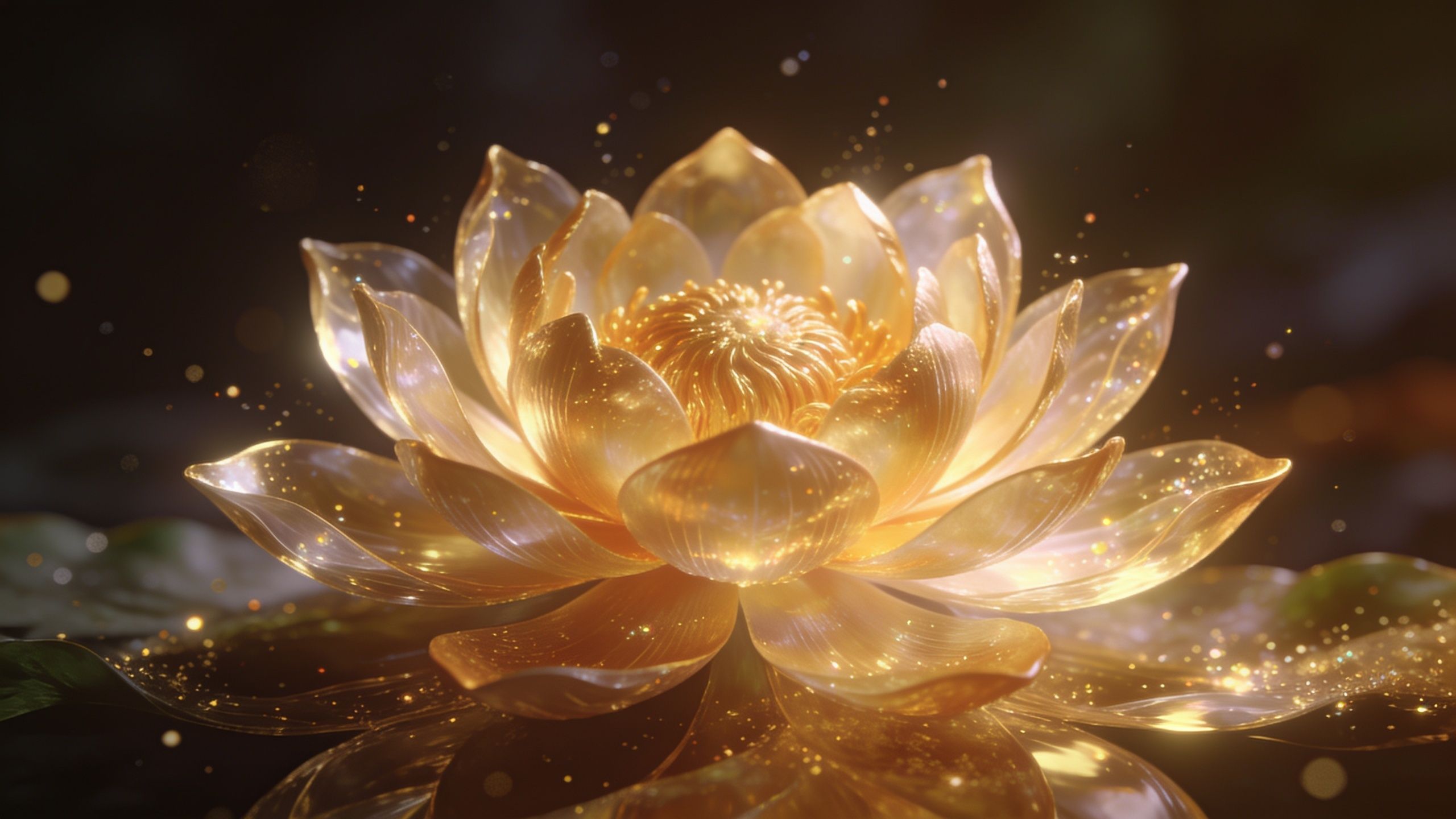 A luminous golden lotus blossom radiates a warm, ethereal glow against a dark, blurred background, creating a serene and enchanting atmosphere.