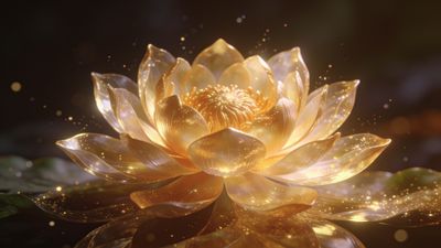 A luminous golden lotus blossom radiates a warm, ethereal glow against a dark, blurred background, creating a serene and enchanting atmosphere.