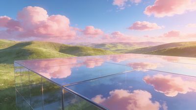 A tranquil scene featuring rolling green hills under a sky filled with soft pink clouds, reflected in a mirrored surface that enhances the serene and peaceful mood.