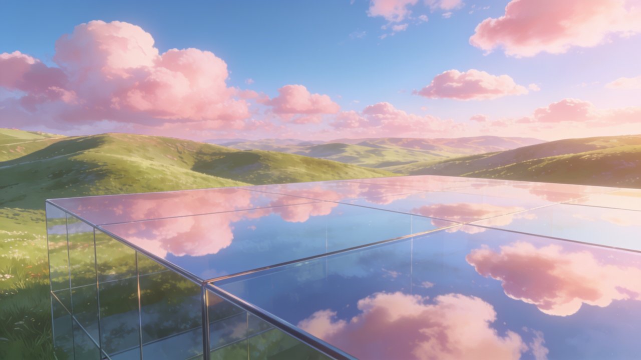 A tranquil scene featuring rolling green hills under a sky filled with soft pink clouds, reflected in a mirrored surface that enhances the serene and peaceful mood.