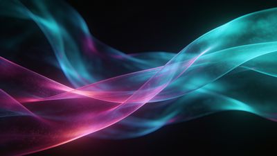 A dynamic display of vibrant neon waves in shades of pink and teal flowing gracefully across a dark background, creating a sense of motion and energy.