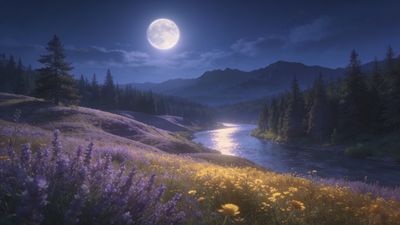 A serene night scene features a river reflecting the full moon's glow, surrounded by lush lavender fields and distant mountains under a starry sky, creating a tranquil and calming atmosphere.