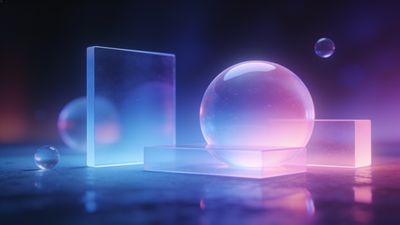 A collection of translucent glass spheres and cubes emit a soft, ethereal glow in shades of pink and blue against a dark, blurred background, creating a serene and otherworldly atmosphere.