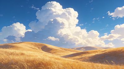 Golden hills stretch across the landscape under a vast sky filled with majestic, billowing clouds, creating a serene and expansive atmosphere.