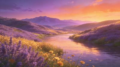 A tranquil scene of lavender fields stretches across rolling hills, bathed in the warm, golden hues of a sunset, with a gentle river winding through the landscape and distant mountains silhouetted against the colorful sky.