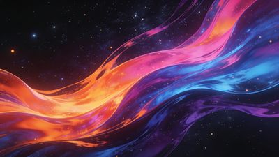 A vibrant cosmic scene depicting colorful, flowing waves of orange, pink, and blue hues against a starry space background, creating a dynamic and ethereal mood.