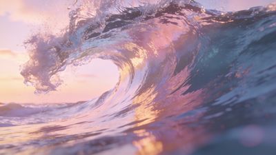 A large ocean wave curls gracefully against a backdrop of a vibrant sunset, with hues of pink, purple, and gold reflecting off the water, creating a serene and majestic atmosphere.