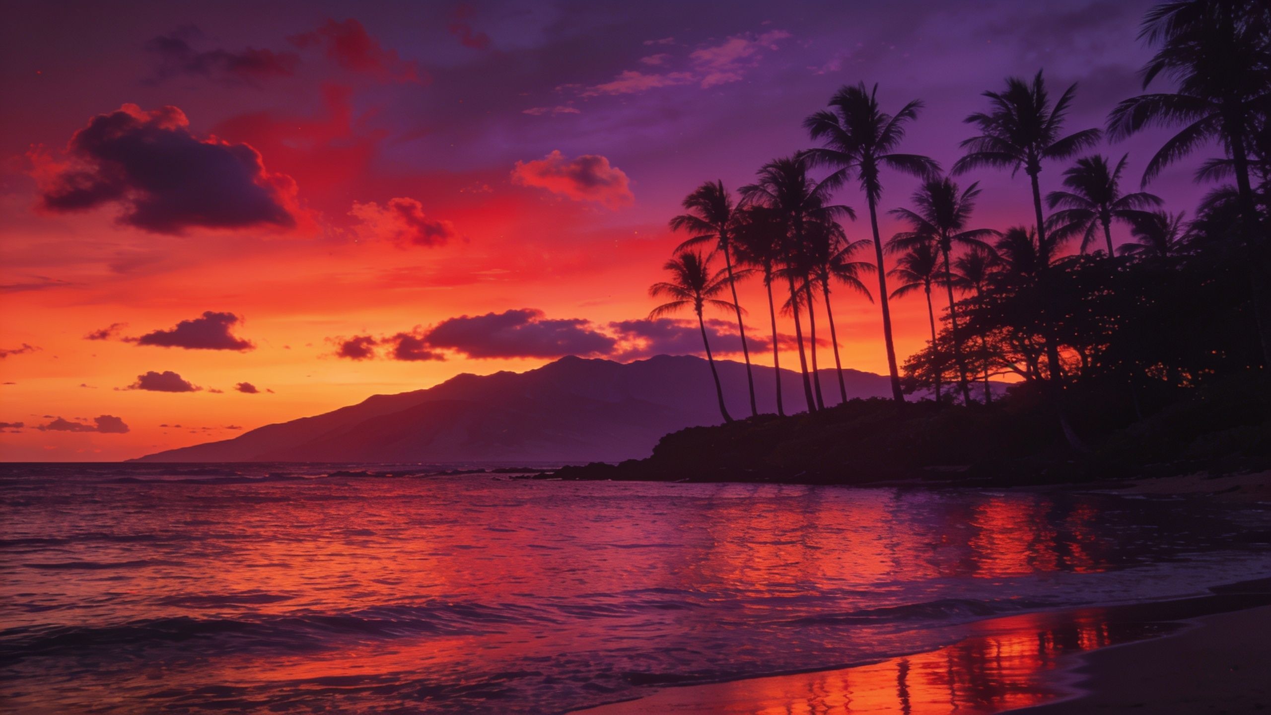 A vibrant tropical sunset casts a warm glow over gentle ocean waves, silhouetting tall palm trees against a sky painted in shades of orange, pink, and purple, creating a tranquil and serene atmosphere.