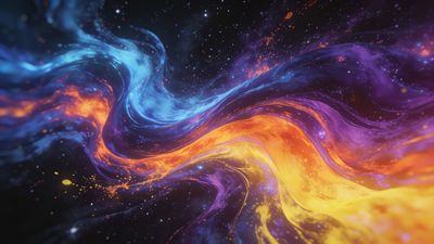 A dynamic swirl of vibrant colors, including blues, purples, oranges, and yellows, creates a cosmic, nebula-like effect against a dark starry background, evoking a sense of wonder and the vastness of space.