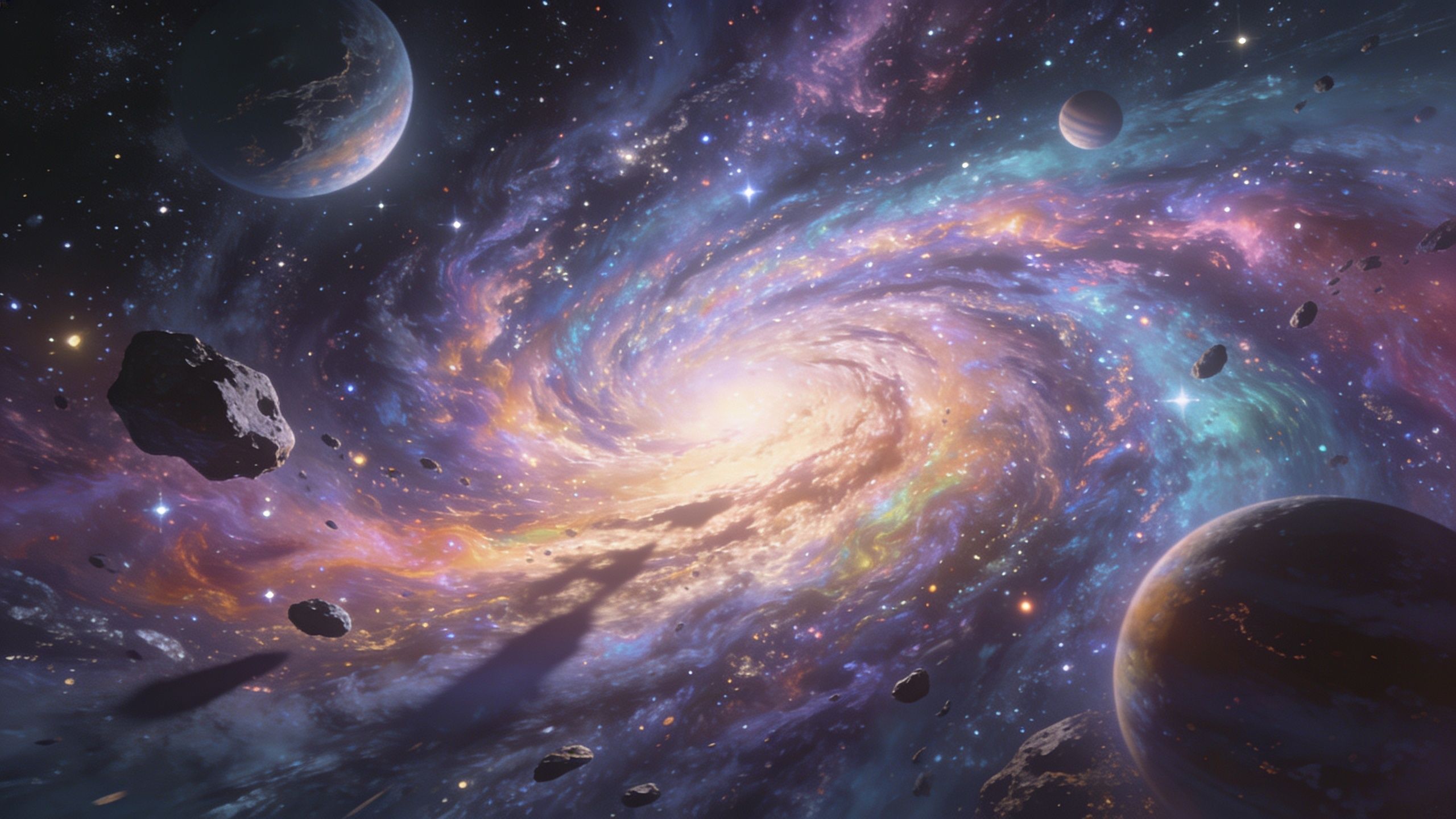 A vibrant cosmic spiral radiates colorful hues of purple, blue, and gold, surrounded by distant planets and scattered asteroids, creating a mesmerizing and otherworldly space scene.