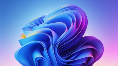 A dynamic composition of swirling abstract shapes in vibrant shades of blue and purple, set against a gradient background that transitions from soft blue to pink, creating a sense of movement and energy.