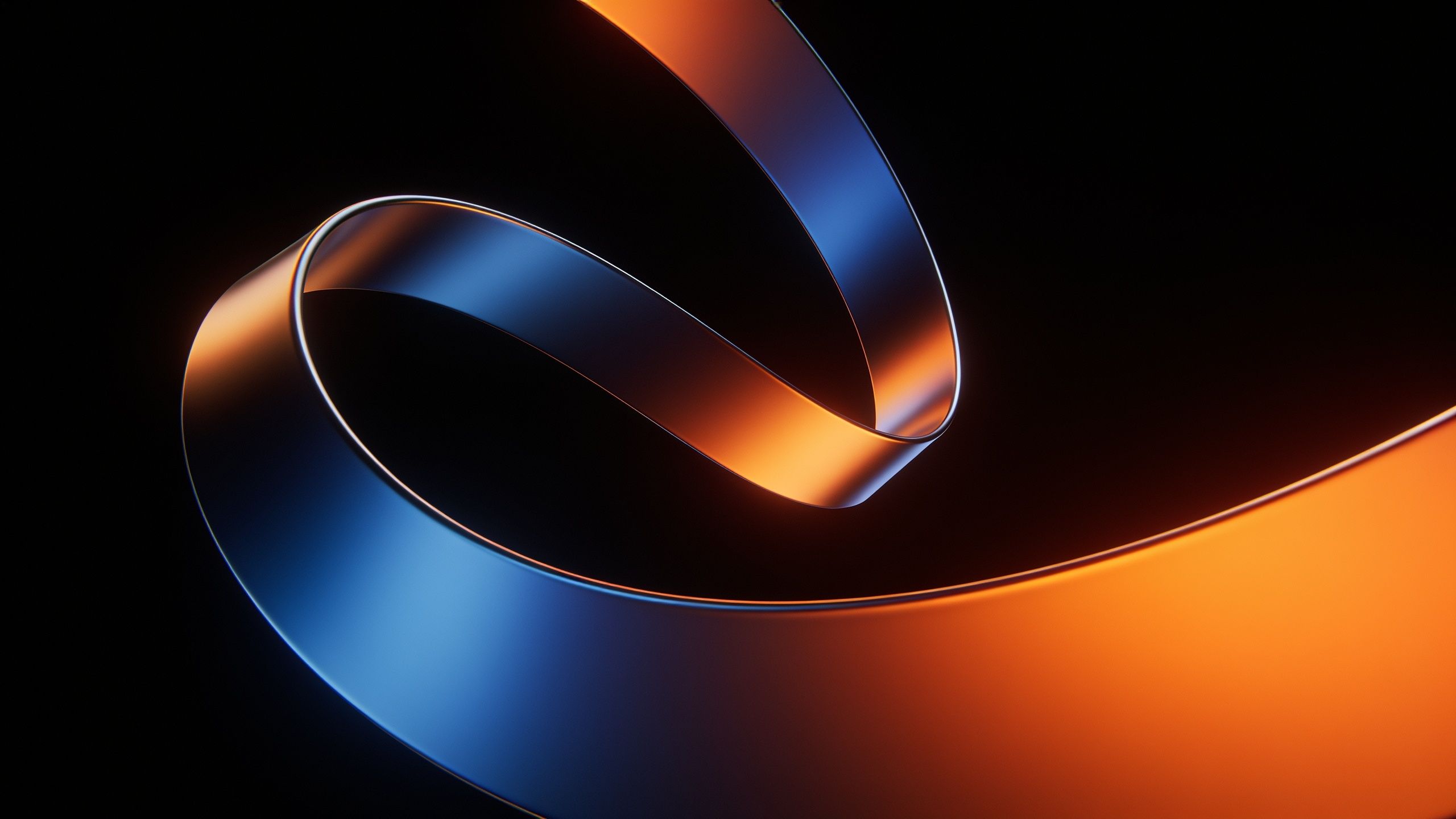 A dynamic abstract ribbon flows gracefully across a dark background, featuring vibrant blue and orange hues that create a sense of movement and energy.