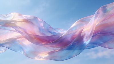 A delicate, translucent wave of pastel colors, including pink, blue, and lavender, flows gracefully against a clear blue sky, creating a serene and dreamy atmosphere.