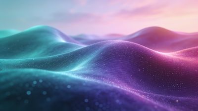 A serene landscape of pastel-colored waves, glowing softly under a starry sky, creates a dreamy and tranquil atmosphere. The gentle curves and shimmering dots evoke a sense of calm and wonder.