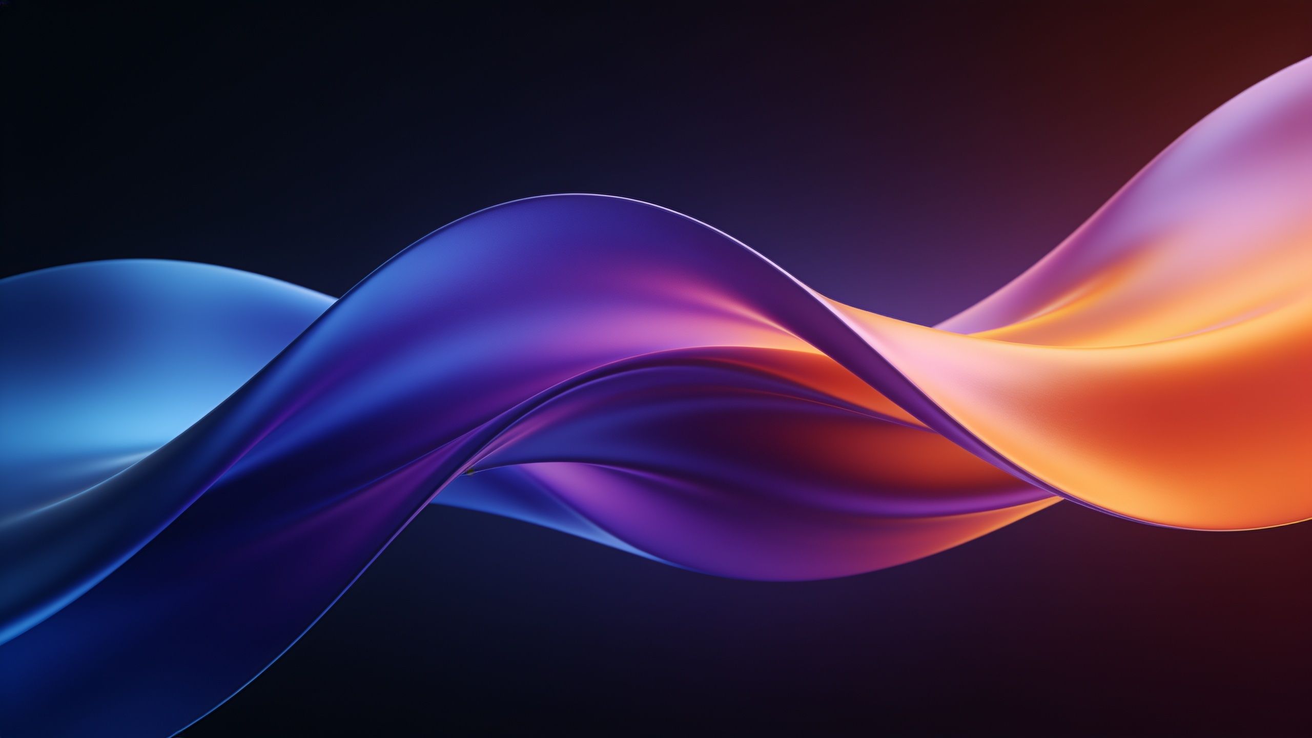 A dynamic abstract wallpaper featuring flowing waves in vibrant shades of blue, purple, and orange, creating a sense of motion and energy against a dark background.