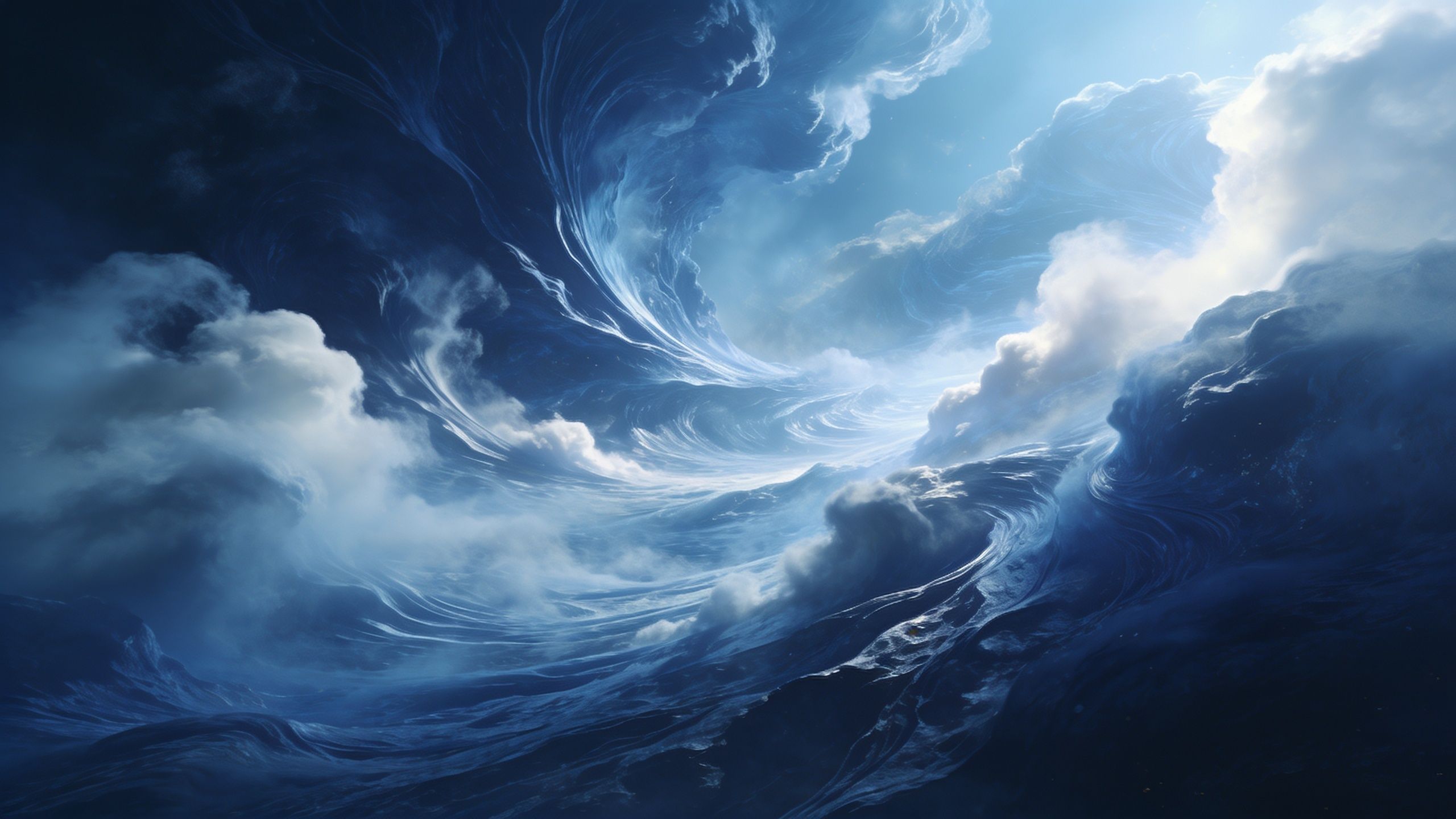 A surreal scene of ocean waves swirling under a moonlit sky, with soft, ethereal clouds illuminated by a gentle, otherworldly glow, creating a tranquil and mystical atmosphere.