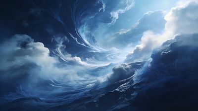 A surreal scene of ocean waves swirling under a moonlit sky, with soft, ethereal clouds illuminated by a gentle, otherworldly glow, creating a tranquil and mystical atmosphere.