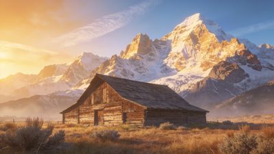 A rustic wooden barn sits in a sunlit field with a majestic snow-capped mountain range in the background, creating a serene and picturesque landscape.