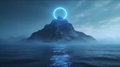 A majestic mountain rises from a misty sea, crowned by a glowing blue halo against a moody, overcast sky, creating a mystical and serene atmosphere.