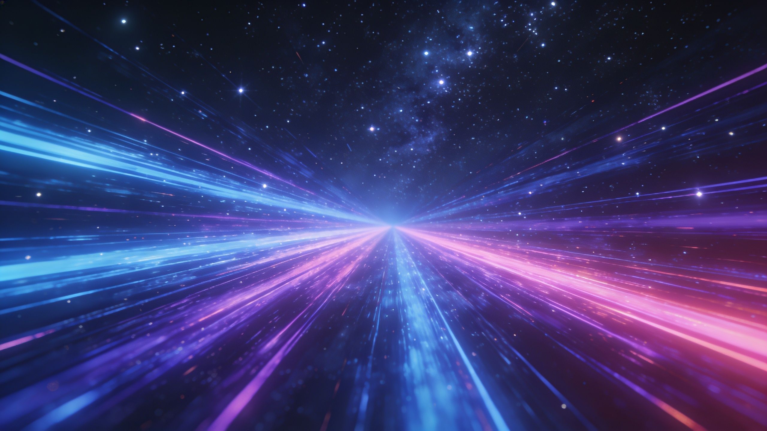 A dynamic cosmic scene featuring vibrant blue and pink light trails converging towards a bright point in the distance, set against a starry night sky, creating a sense of motion and wonder.