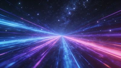 A dynamic cosmic scene featuring vibrant blue and pink light trails converging towards a bright point in the distance, set against a starry night sky, creating a sense of motion and wonder.