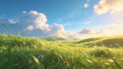 A lush, green meadow stretches across rolling hills under a bright blue sky dotted with fluffy white clouds, creating a tranquil and uplifting atmosphere. The sunlight gently illuminates the grass and wildflowers, enhancing the serene and peaceful mood.
