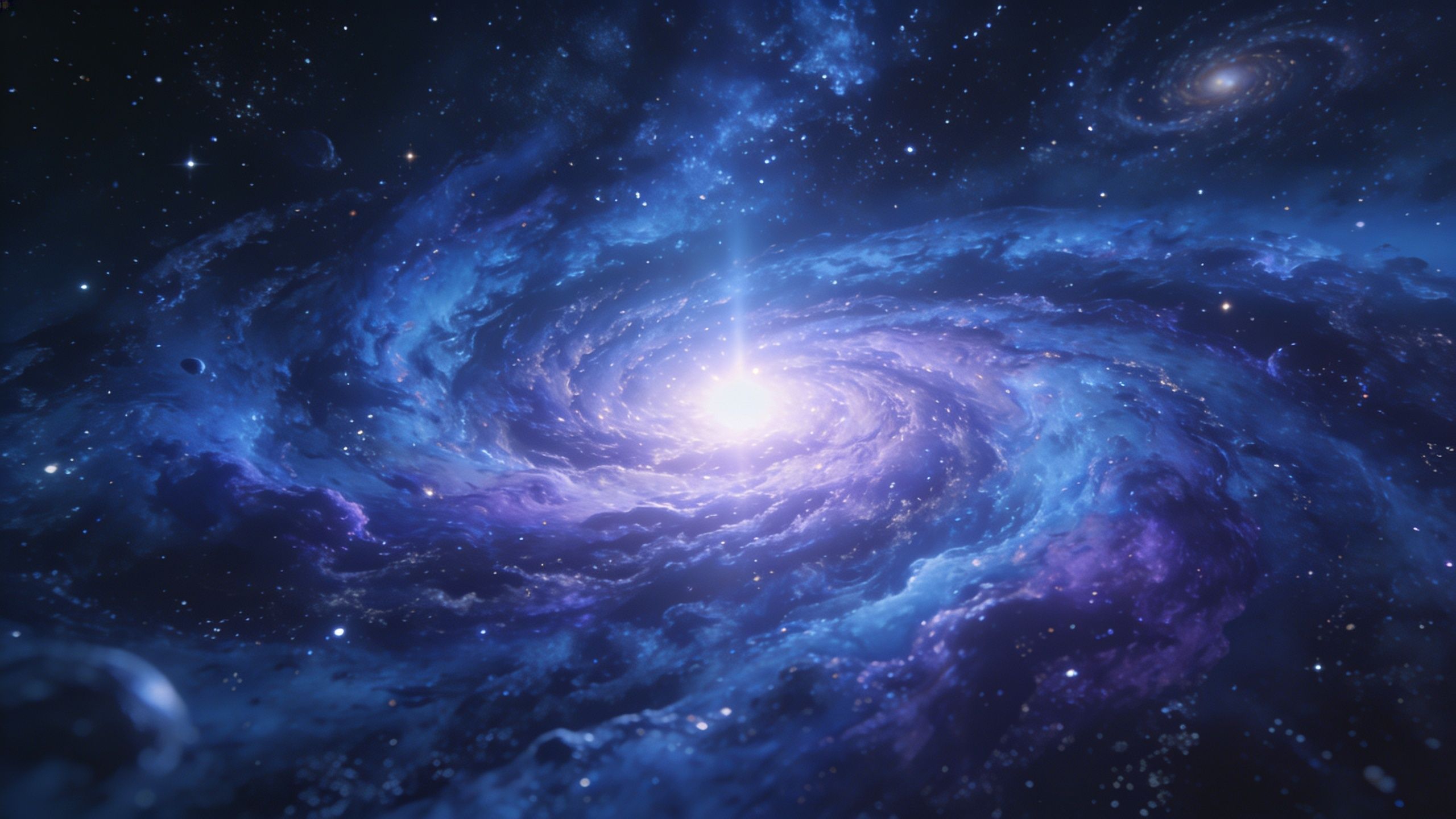 A vibrant spiral galaxy swirls in deep space, glowing with shades of blue and purple, creating a mystical and awe-inspiring atmosphere. Bright stars and distant galaxies dot the dark expanse, enhancing the sense of cosmic wonder.