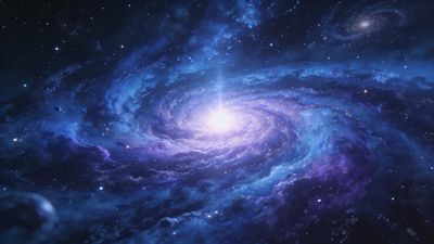 A vibrant spiral galaxy swirls in deep space, glowing with shades of blue and purple, creating a mystical and awe-inspiring atmosphere. Bright stars and distant galaxies dot the dark expanse, enhancing the sense of cosmic wonder.