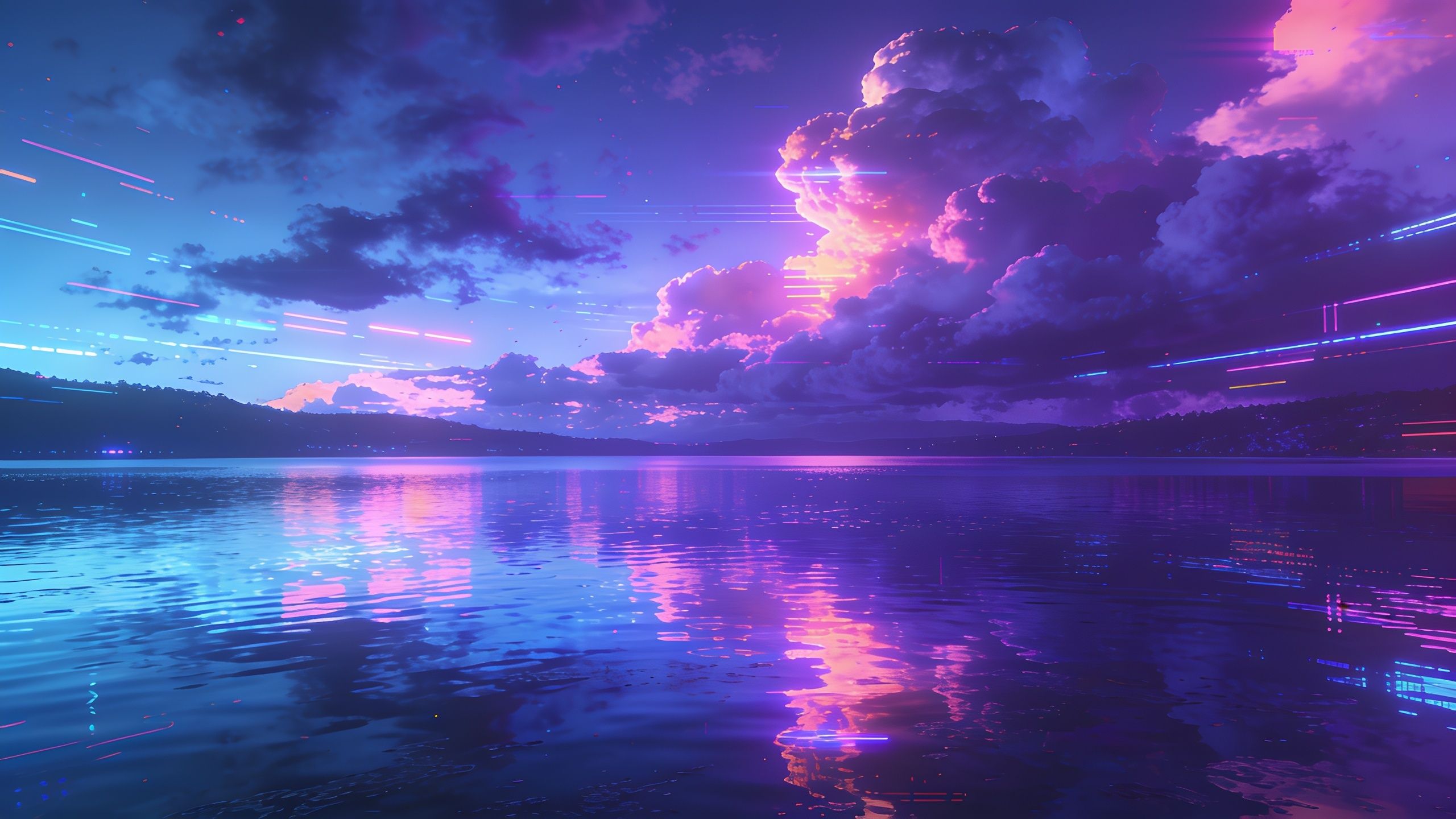 A vibrant neon sunset casts vivid pink and purple hues over a tranquil lake, with dramatic clouds reflecting on the water, creating a serene and mesmerizing atmosphere.