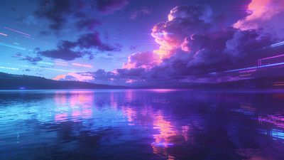 A vibrant neon sunset casts vivid pink and purple hues over a tranquil lake, with dramatic clouds reflecting on the water, creating a serene and mesmerizing atmosphere.