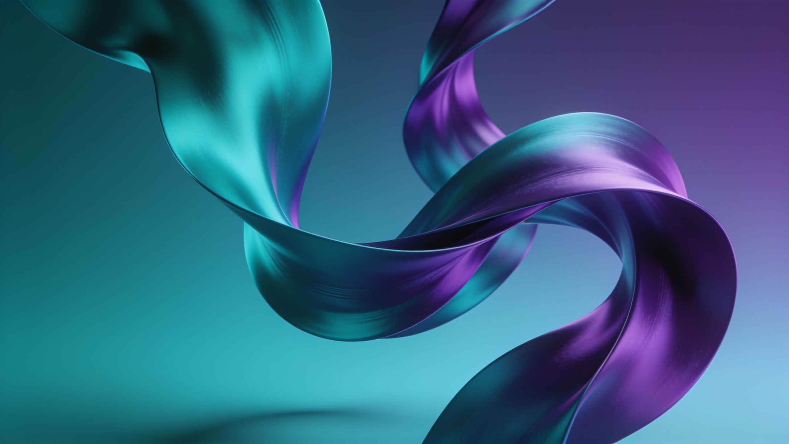 A vibrant abstract wallpaper featuring flowing ribbons in shades of teal and purple, set against a smooth gradient background of blue and purple hues, creating a dynamic and energetic mood.