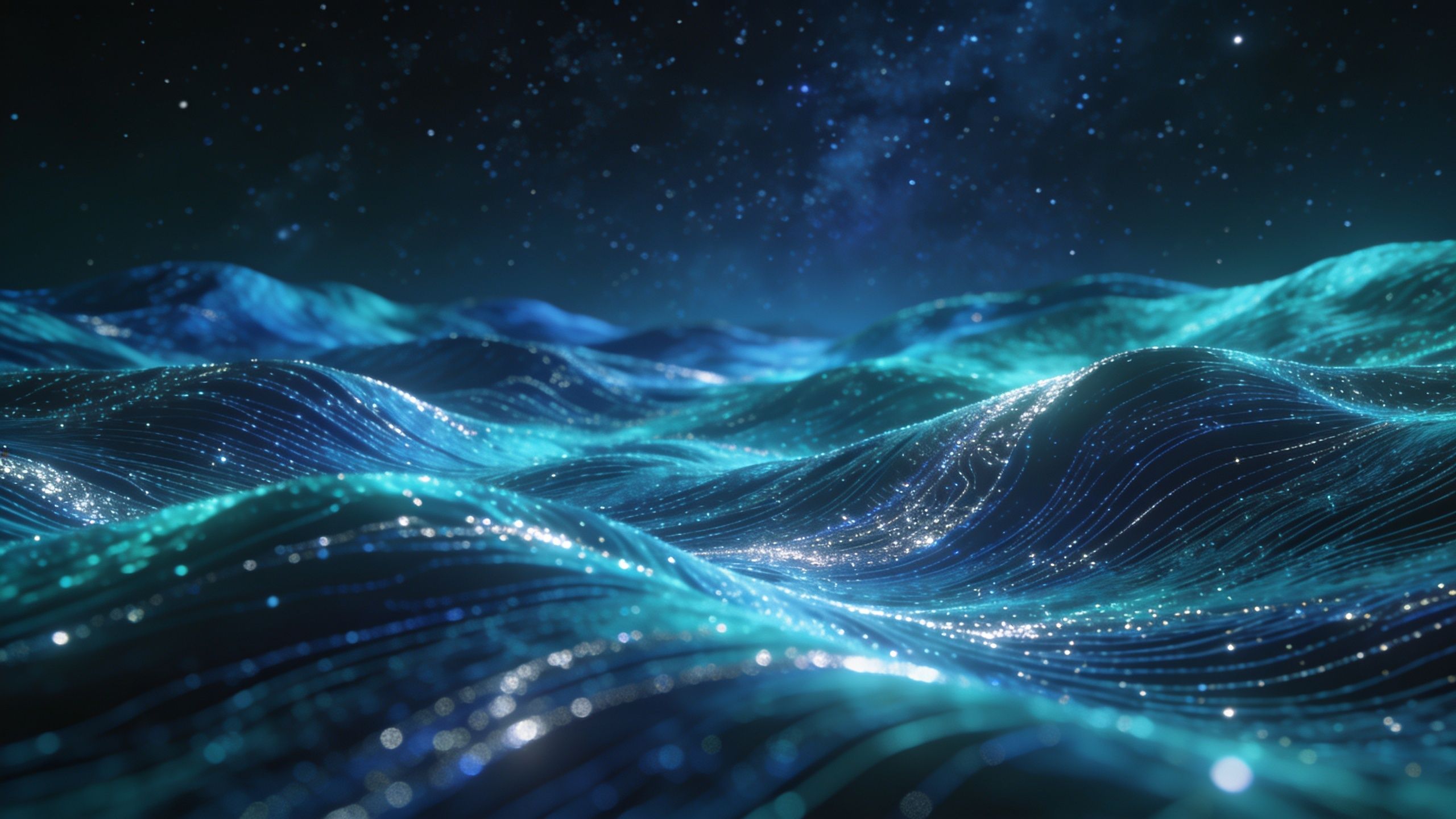 A serene night scene featuring gentle ocean waves illuminated by starlight, with a vast, starry sky above creating a tranquil and mesmerizing atmosphere.
