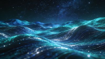 A serene night scene featuring gentle ocean waves illuminated by starlight, with a vast, starry sky above creating a tranquil and mesmerizing atmosphere.