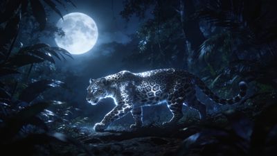 A leopard prowls gracefully through a moonlit jungle, its spotted coat illuminated by the soft glow of the full moon, creating a serene and mystical atmosphere.