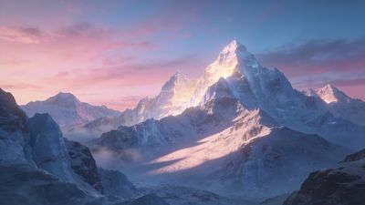 A breathtaking view of snow-capped mountain peaks bathed in the soft, warm glow of sunrise, with a sky painted in shades of pink and blue, creating a serene and majestic atmosphere.