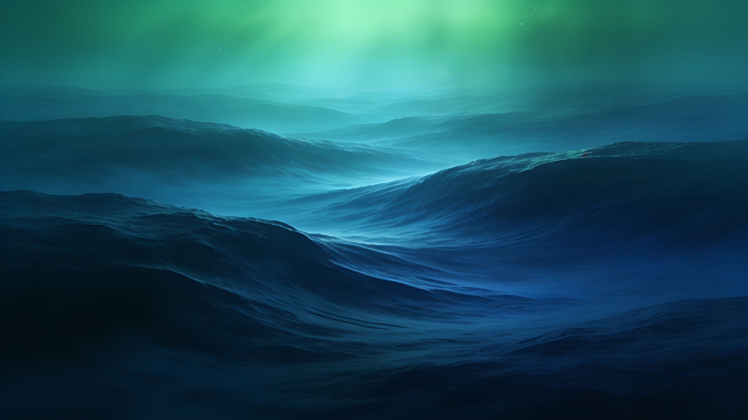 A serene ocean scene with gently rolling waves under a vibrant display of green and blue Northern Lights, creating a mystical and tranquil atmosphere.