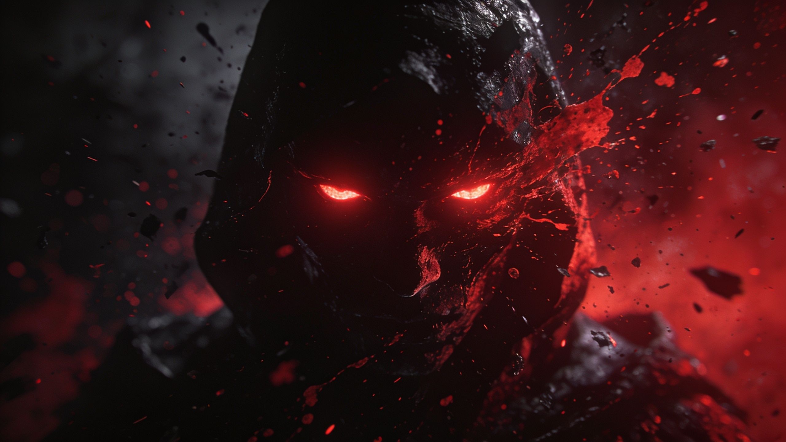 A shadowy figure with glowing red eyes emerges from the darkness, surrounded by swirling red and black particles, creating an eerie and ominous atmosphere.