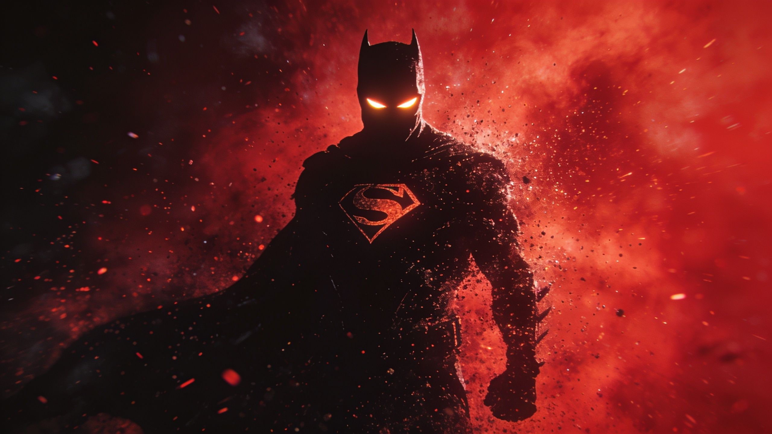 A silhouetted superhero stands powerfully against a fiery red background, with glowing eyes and a prominent emblem on the chest, creating a dramatic and intense atmosphere.