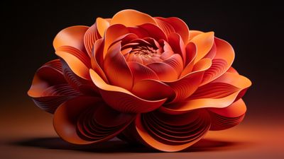 A close-up of a vibrant orange flower in full bloom, with intricately layered petals creating a sense of depth and richness against a dark, softly blurred background, evoking a warm and inviting mood.