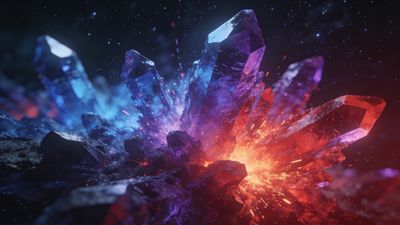 A cluster of vibrant blue and purple crystals emits a fiery red glow, creating a dramatic and energetic atmosphere against a dark, starry background.