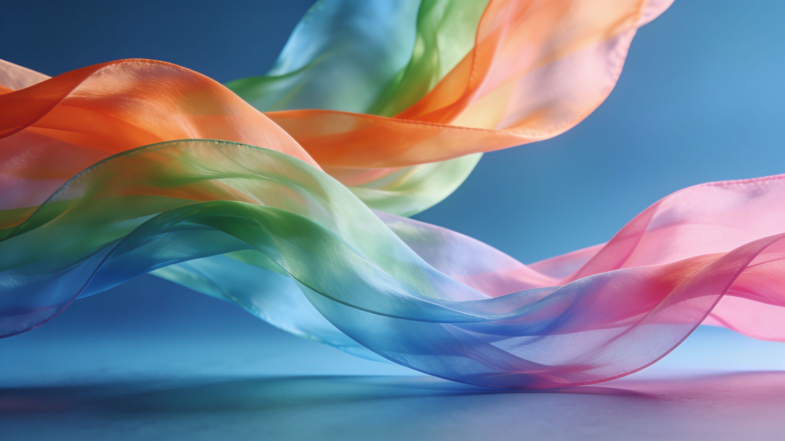 Colorful silk ribbons gracefully flow and intertwine against a soft blue background, creating a vibrant and dynamic visual that evokes a sense of movement and elegance.
