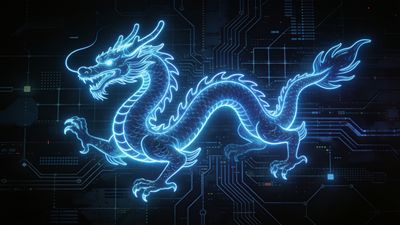 A neon blue dragon with intricate details glows against a backdrop of dark digital circuitry, creating a futuristic and mystical atmosphere.