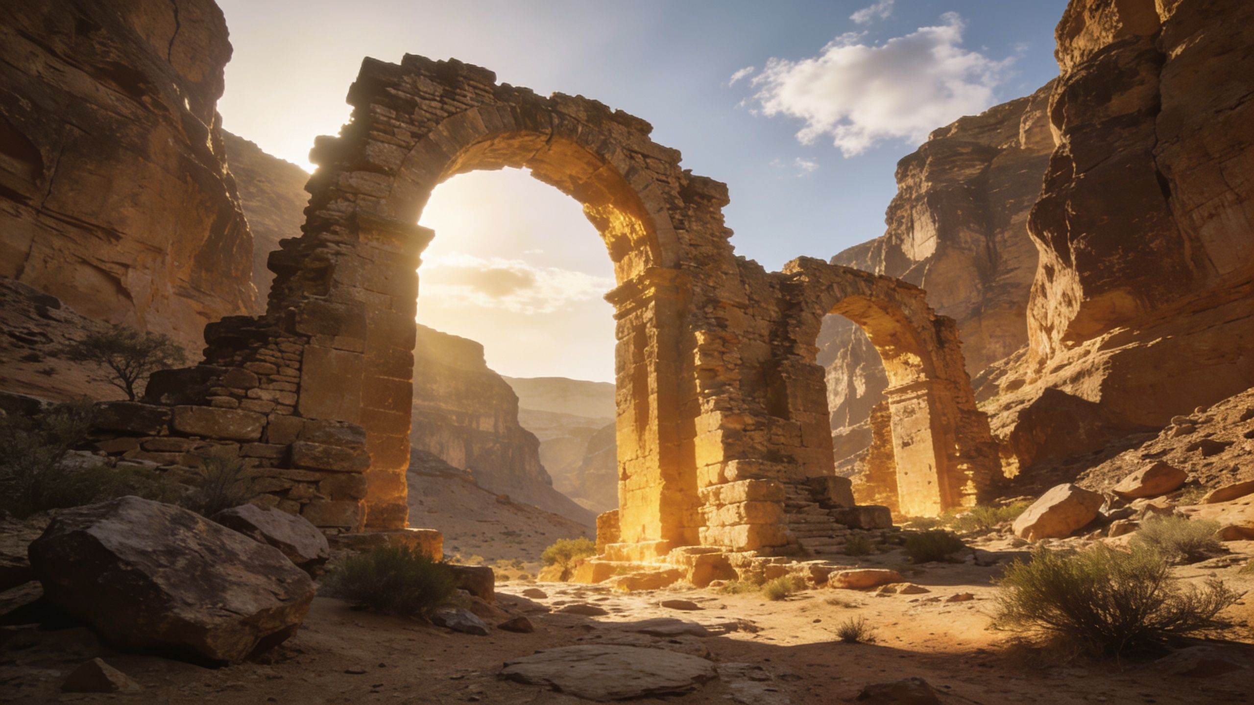 Ancient stone arches stand majestically in a sunlit desert canyon, bathed in a warm, golden glow that creates a serene and timeless atmosphere.