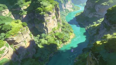 A tranquil river winds through a lush, green canyon with steep, rocky cliffs on either side, creating a serene and peaceful atmosphere. The sunlight casts soft shadows, enhancing the vibrant greenery and the clear, turquoise water below.